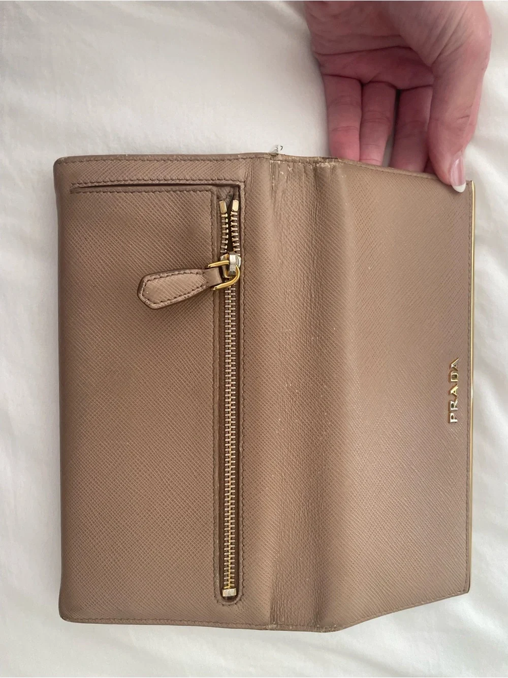 Prada Taupe Saffiano Leather Long Wallet with Gold Hardware